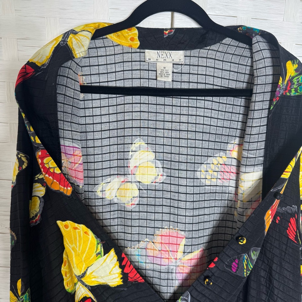 Nexx Silk Linen Black Artsy Whimsical Butterfly Kimono Button Down Jacket Sz 1X - Picture 5 of 12